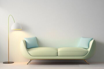 AI generated illustration of a modern living room featuring a green couch with two blue pillows