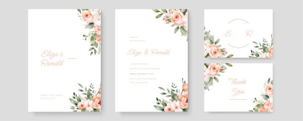 Fototapeta na wymiar wedding invitation card with greenery watercolor branch leaf and clean frame in minimalist style
