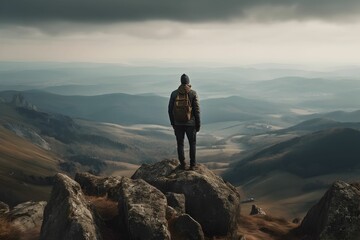 man standing on a rock looking down into the mountains and sky
