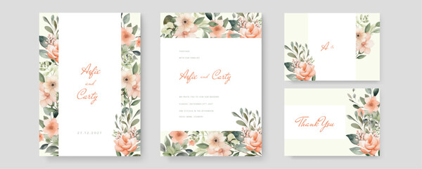 Fototapeta na wymiar Wedding floral golden invitation card save the date design with green tropical leaf