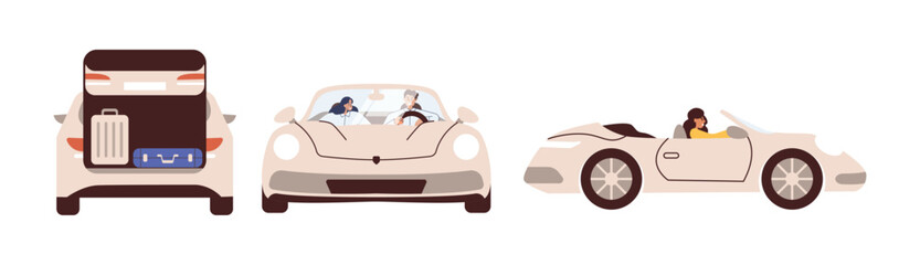 Family road trip concept. Happy romantic couple traveling by car. People in cabrio at road trip. Suitcase, bags and other luggage in the trunk of the car on the back. Flat vector illustration isolated