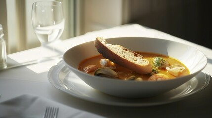 AI generated illustration of a shallow bowl of steaming seafood soup