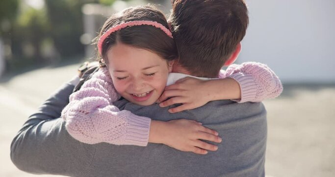 Father, girl and running for hug after school in street outdoor, bonding and happy together. Dad, embrace and cuddle with kid for love, care and affection, smile and welcome back together with family