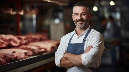Obraz premium Butcher, standing in Meat Shop