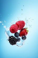 Ripe berries with splash of water flying in the air on blue background