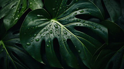 Fototapeta premium Dark Green monstera wet rainy leaf background