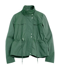 Green female jacket, sport style women's coat isolated on white. Lady's apparel.