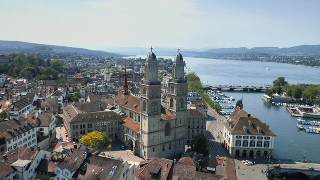 Flight over zurich with view of the city and the lake zurich