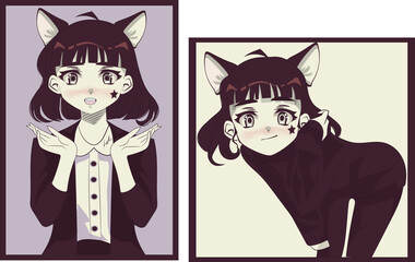 Original anime character with cat ears nd short dark hair. Retro style art. Cat woman