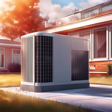 W&auml;rmepumpen vor einem modernen Haus. Energiewende. &Ouml;kologisches Heizen und k&uuml;hlen von Wohnungen. ai generierte 3d Illustration