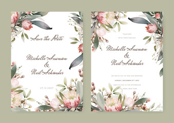 Elegant autumn botanical vector design suitable for banner, cover, invitation. Luxury fall wedding invitation card template. Watercolor card with gold line art, eucalyptus, leaves branches, foliage.