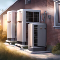 W&auml;rmepumpen vor einem modernen Haus. Energiewende. &Ouml;kologisches Heizen und k&uuml;hlen von Wohnungen. ai generierte 3d Illustration