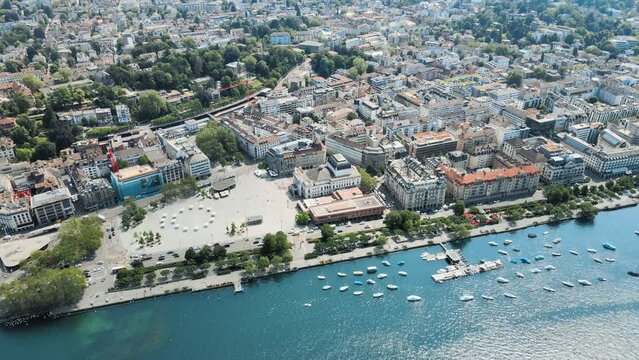 Flight over zurich with view of the city and the lake zurich