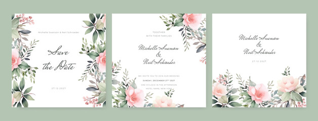 Fototapeta na wymiar Elegant wedding invitation card template with watercolor and floral decoration. Flowers background for social media stories, save the date, greeting, rsvp, thank you