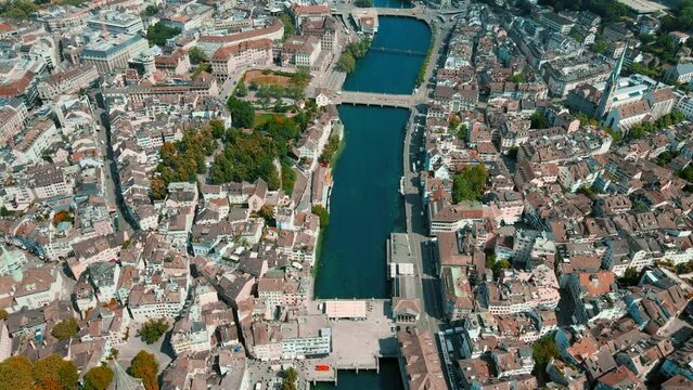 Flight over zurich with view of the city and the lake zurich