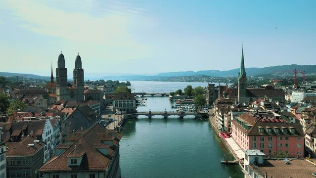 Flight over zurich with view of the city and the lake zurich