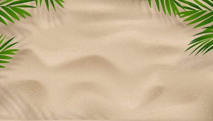 Sand texture background with palm leaves silhouette,Coconut leaf Shadow on Brown Sandy Beach,Vector top view Sand Surface,Backdrop background Wide Horizon Desert dune for Summer Product Presentation
