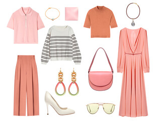 Coral orange female set of clothing isolated. Women's outfit. Elegant fashion clothes.