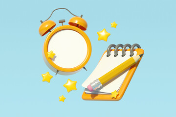 Creative 3d collage image of classic bell ring clock pencil notebook organizer review rate stars isolated on blue background