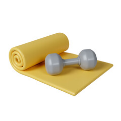 3d yellow yoga mat with dumbbell. Fitness and health. Exercise equipment. icon isolated on yellow background. 3d rendering illustration. Clipping path.