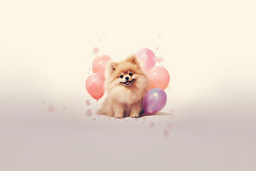 Cute spitz sitting with balloons on beige background, postcard, watercolor illustration