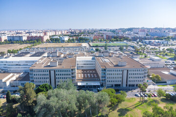Aerial drone view of the Juan Ramon Jimenez University Hospital, a public hospital complex...