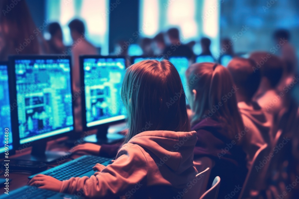 Poster schoolchildren using laptop in computer programming class for kids at school