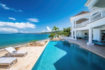 Fototapeta na wymiar Beachfront villa with expansive sea view, sparkling swimming pool and elegant terrace, perfect for lavish vacation. Generative AI