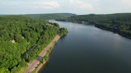 Calm drone flyover mountain lake deep creek lake maryland