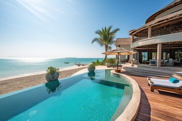 Fototapeta na wymiar Beachfront villa with expansive sea view, sparkling swimming pool and elegant terrace, perfect for lavish vacation. Generative AI