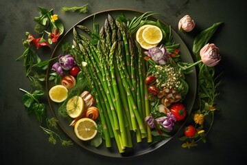 Top view of plate with freshly cooked green asparagus, assortment of cooking ingredients - obrazy, fototapety, plakaty