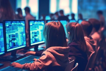 Schoolchildren using laptop in computer programming class for kids at school