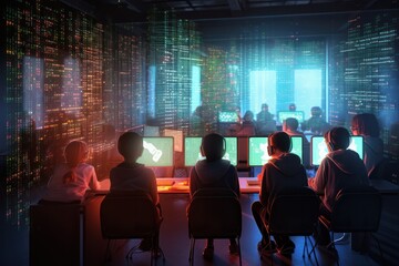 Back view of schoolchildren engrossed in a computer programming class, with holographic code snippets floating around them