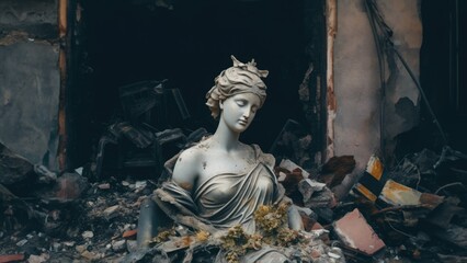 Sad emotional scene of a neoclassical French marble statue broken in a fallen war torn city, charred and burnt surrounded by destroyed building ruins  - generative AI