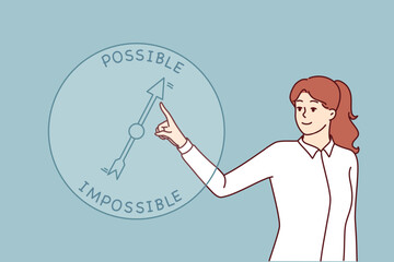Businesswoman chooses between possible and impossible when deciding on further career or business development. Woman manager with strategic thinking wants to do impossible to achieve result.