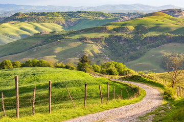 Dirt road down into the valley in a rural culture landscape - Powered by Adobe