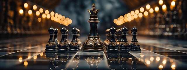 Figures of chess on a dark background in Cathedral. Illustration of a grand chess game. The concept of a chess game. Background blurred with chess piece.