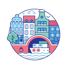 Fototapeta premium Travel Amsterdam Circle Icon with Canal Houses