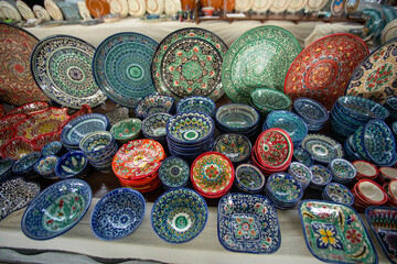 Hand-painted ceramic bowls in the bazaar.