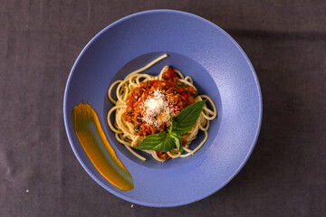 The tasty spaghetti bolognese.