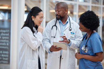 Medical, team and doctor planning research in a hospital and talking about results as teamwork...
