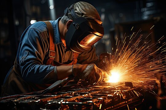 Workers in steel welding companies wearing industrial uniforms and Welded Iron Masks, industrial safety first idea.