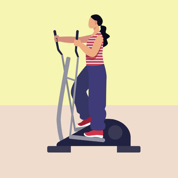 Sporty lady training at home. Time for cardio exercises in gym. Morning workout to loss weight. Active and healthy lifestyle. Vector flat illustration in blue and yellow colors