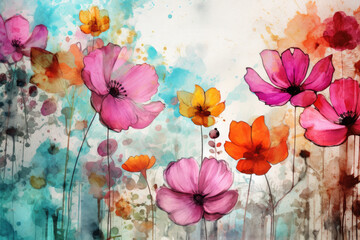 Watercolor background with flowers and plants - Generative AI