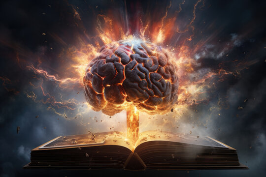 Human brain exploding over open book - AI Generated