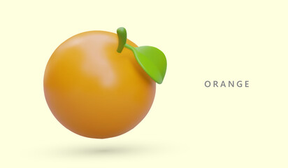Cute whole 3D orange with leaf. Round juicy fruit on colored background. Ripe tangerine with highlights and shadows. Sweet aromatic clementine. Natural raw sweets