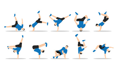 Set of silhouettes of dancers breakdance dancer. Flat vector illustration isolated on white background