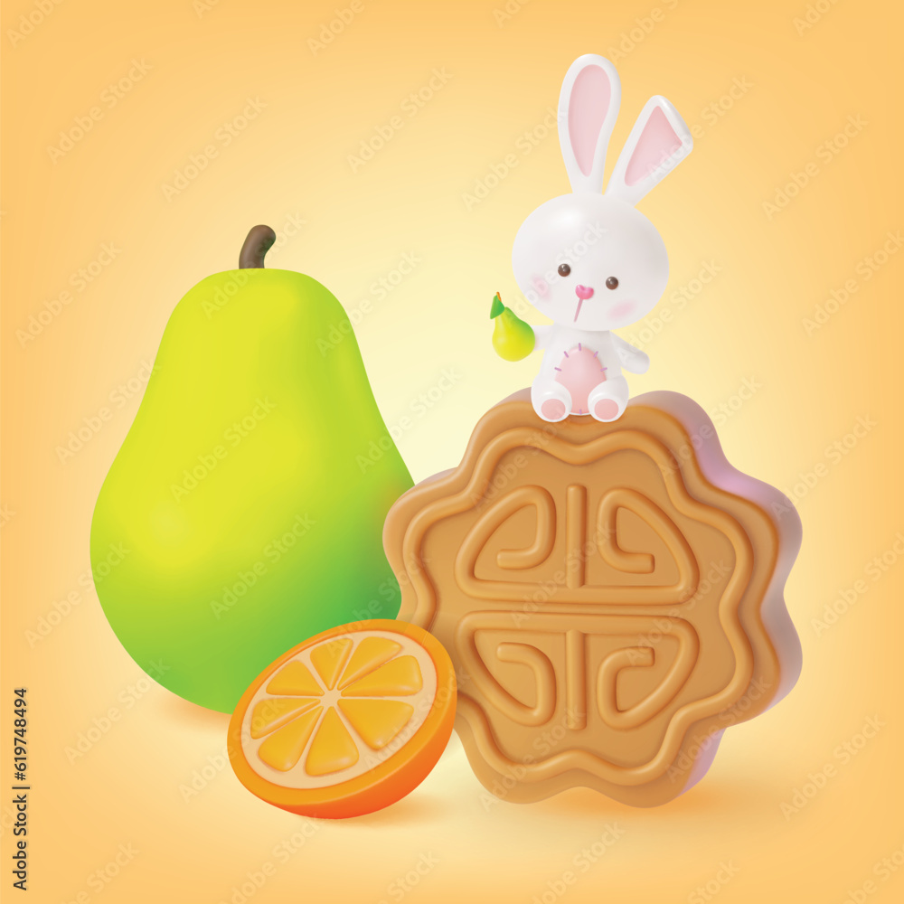 Poster 3d Happy Mid Autumn Festival Concept Cartoon Style Pomelo and Rabbit Sitting on Mooncake. Vector illustration