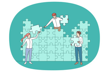Diverse businesspeople connect jigsaw puzzles looking for business solution together. Colleagues cooperate join pieces for shared goal or result achievement. Teamwork. Vector illustration.
