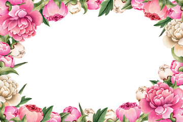 Vector watercolor peony flowers and leaves background